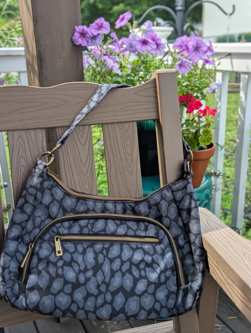 Travelon Gray Leopard-Print Hobo Shoulder Bag with Gold Accents